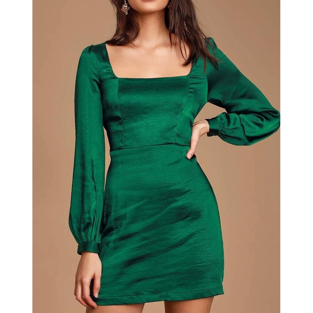 NWT Lulus Got The Love Emerald Green Satin Square-Neck Mini Dress XXS